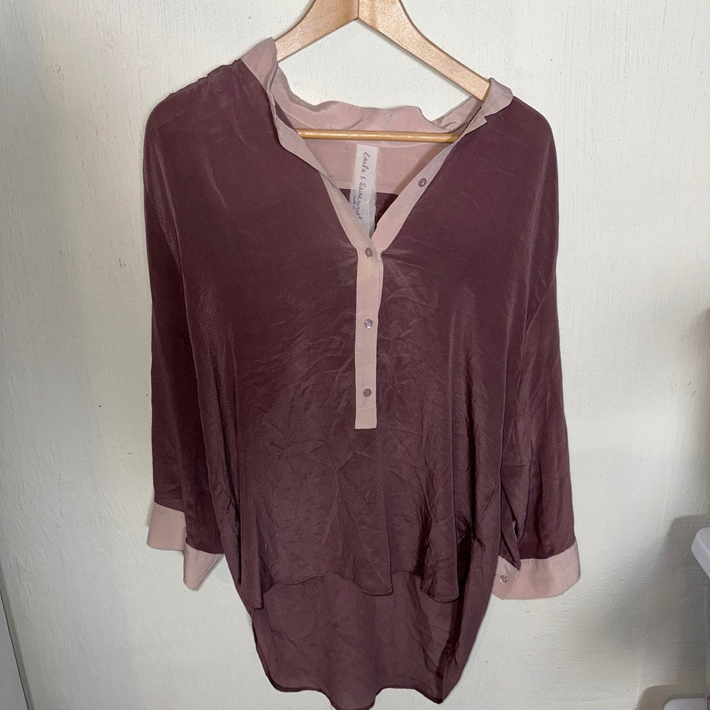 Laila & Savannah Silk Draped V-Neck Button Front Blouse Top Mauve Pink Wmn Sz M